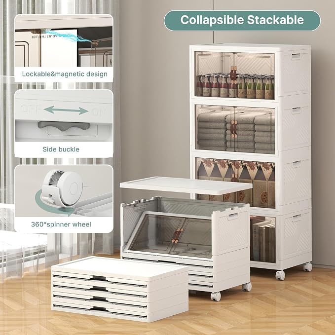 384QT Lockable Plastic Storage Bins, 8 Pack Collapsible Cabinets | Stackable Organizer with Doors & Wheels, Foldable Containers for Bedroom, Dorm, Office & Garage Storage - Image 4