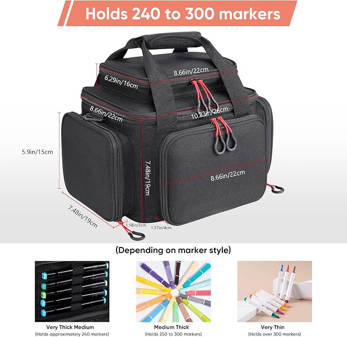 Large Marker Organizer Case for 200-300 Markers, Art Marker Storage Bag with Removable Dividers & 4 Pockets for Paint Markers, Shoulder Strap, Pencil Alcohol Marker Holder - Image 3