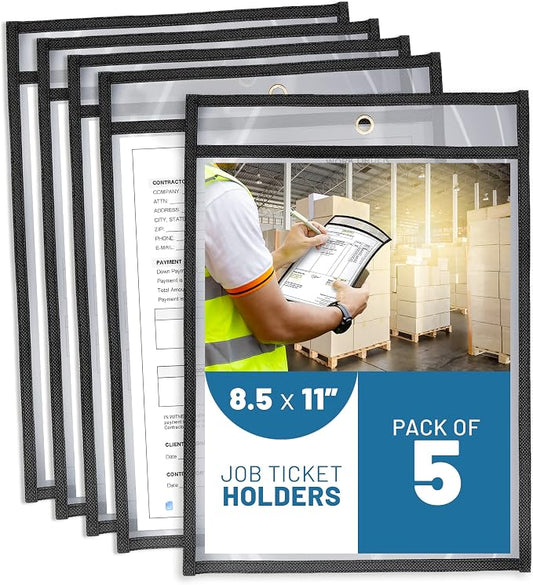 5 Pack Job Ticket Holders 8.5x11 - Work Order Plastic Sleeves for Documents - 8 1/2 x 11 Shop Ticket Holders - Dry Erase Pocket Sleeves - Dry Erase Pockets - Dry Erase Sleeve - Clear Pocket Sleeve by Juzari