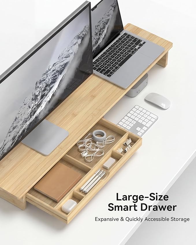 42” Monitor Stand with Large Drawer Keyboard Storage,Bamboo | Dual Computer Monitor Riser Shelf for 55-72 Inch Desk Aesthetic Workplace Computer Setup Desktop Organizer Easy Assembly - Image 3