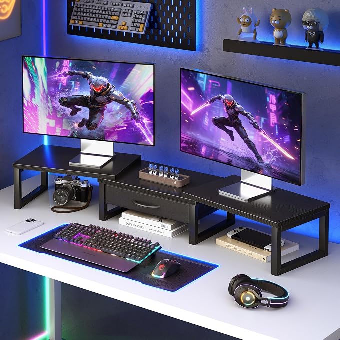 Dual Monitor Stand Riser, Desk Organizers and Accessories with Drawer, Computer Monitor Stands for Desk, Adjustable Desktop Shelf for PC Laptop Printer TV, Black - Image 7