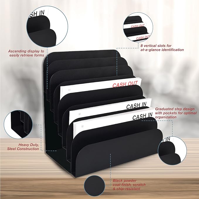 BankSupplies STEELMASTER Steel Cashier Pad Rack - 8 Slot File & Desk Organizer - Paper Organizer - Black Powder Coat Finish - Scratch & Chip-Resistant - Forms, Applications, Deposit Slips & Checks - Image 4