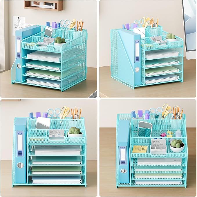 Lavatino 5-Tier Metal Mesh Desk Organizer with File Holder & 7 Customizable Compartments | Paper Letter Tray for Office or Home Desk Storage | Keep Workspace Supplies Neat & Organized, Blue - Image 6