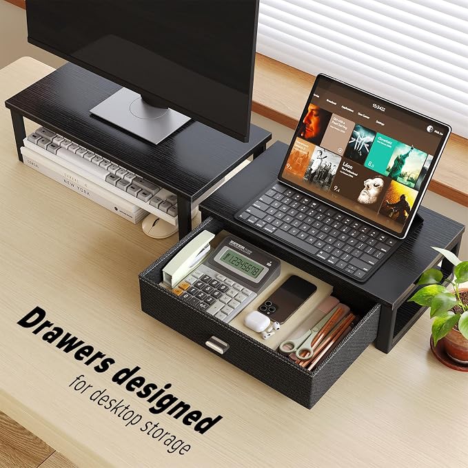 WOHOMO Dual Monitor Stand Riser with Drawers, Wood Desk Organizers for 2 Monitors, Desktop Storage Stand for Computer, Laptop, Black - Image 4