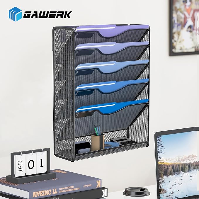Gawerk 6 Tier Hanging File Organizer, Mesh Wall File Holder Paper Folder Rack with Bottom Flat Tray for Office Home, Black - Image 6