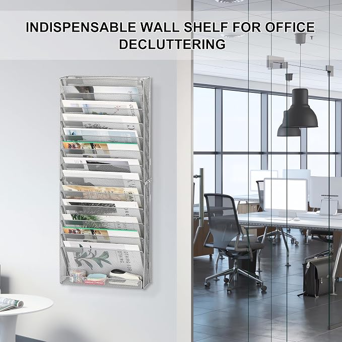 EasyPAG Wall File Holder 14 Tier Mesh Hanging Folder Organizer with Flat Tray Wall Mounted Mail Organizer Magazine Paper Desk Shelf with Nametag Label for Office Home School, Silver - Image 5