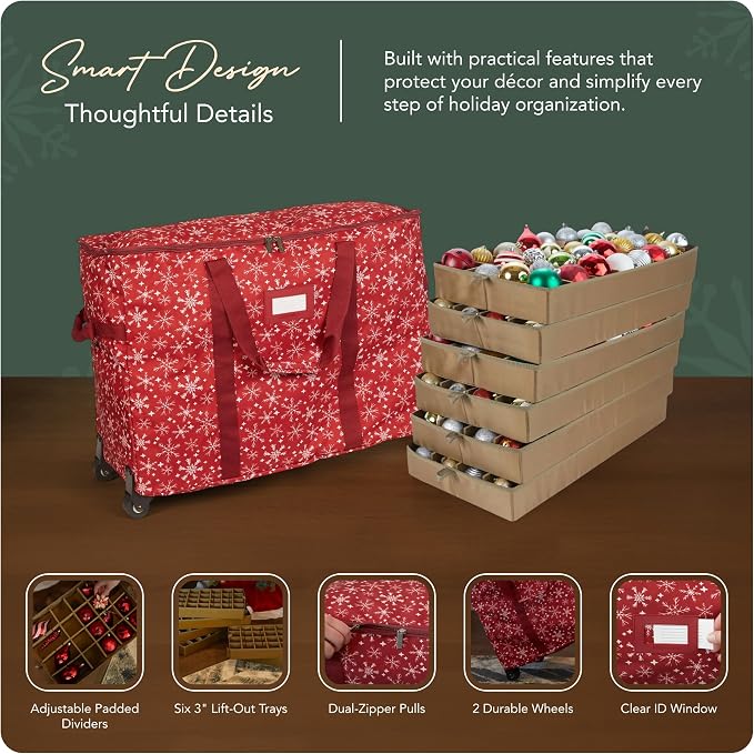 Covermates Keepsakes Rolling Adjustable Ornament Storage Bag – Heavy-Duty Polyester, FlexGrid Trays & Padded Dividers – Protective Holiday Organizer with Wheels, Handles & ID Window, Red Snowflake - Image 4