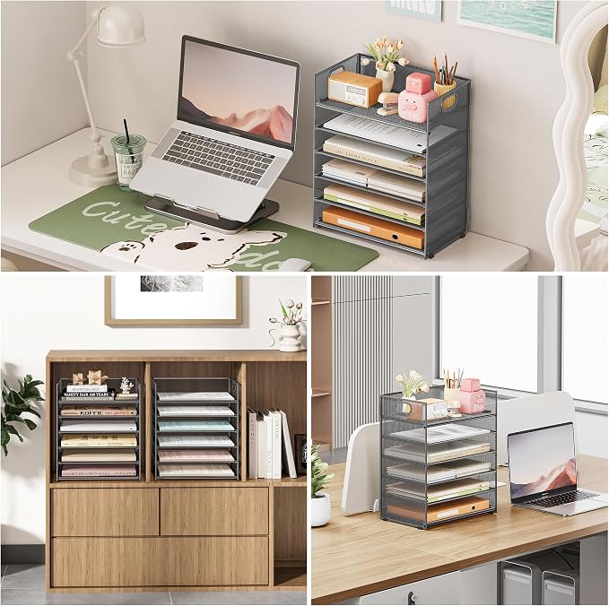 Subekyu 6 Tier Paper Organizer for Desk with Handle, Metal Mesh Desk Office File Folder Paper Letter Tray Accessories Organizer Sorter for Home, School, Office Desktop Document Organization - Gray - Image 4