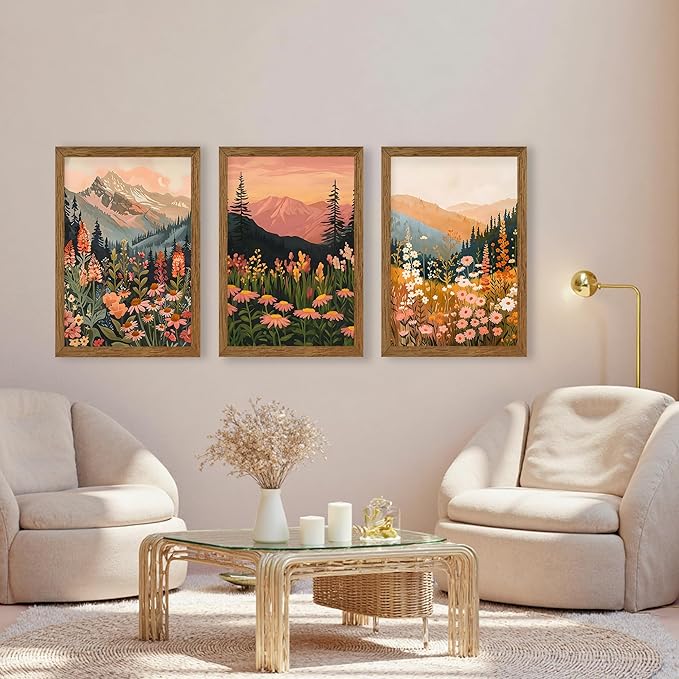 InspiredHues Large Colorful Landscape Boho Canvas Wall Art Set, 3 Piece Wildflower Mountain Wall Decor, Vintage Floral Rustic Nature Artwork Prints for Living Room Bedroom Office 20x30 In Wood Framed