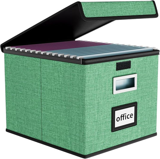 File Organizer Box with Lids, Collapsible File Folder Organizer | File Box with Plastic Slides for Document, Filing Bin for Letter Size Hanging File Folders (1 Pack, Light Green) by Huolewa
