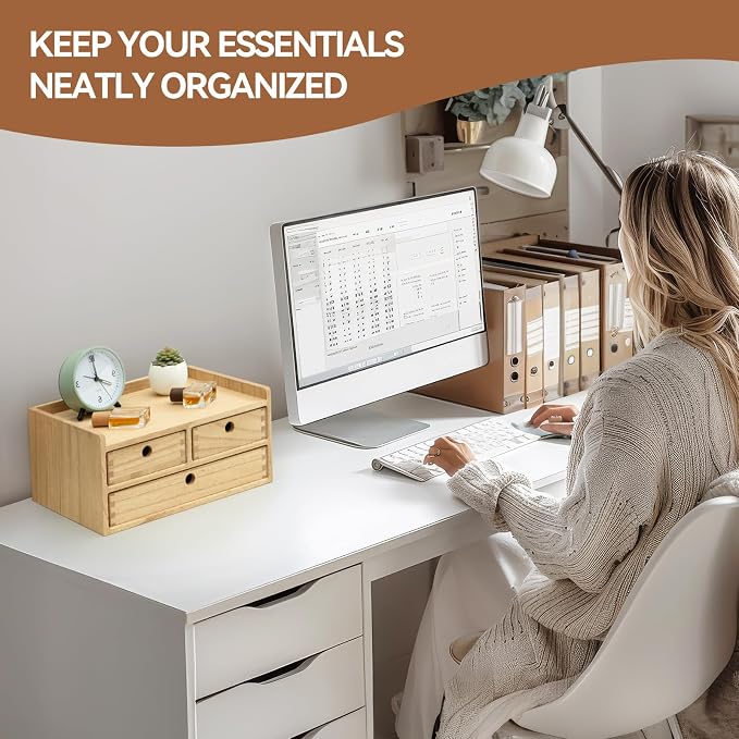 KIRIGEN Wooden Desk Organizer with 3 Drawers and Top Tray Natural DT2D3C-NA | 3-Drawer Cabinet with Top Shelf Stores Papers, Office Supplies, Cosmetics, Crafts, and Small Accessories on Desks or Counters - Image 6