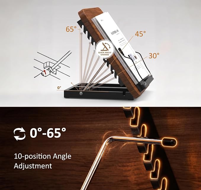 2-in-1 Floor & Desktop Book Stand with Large 16.5"x11.8" Wood Panel | Height Adjustable 16.5"-51" Ergonomic Bookstand with Page Clips for Textbooks, Music Sheets, Recipes, Laptops (Walnut Finish) - Image 6