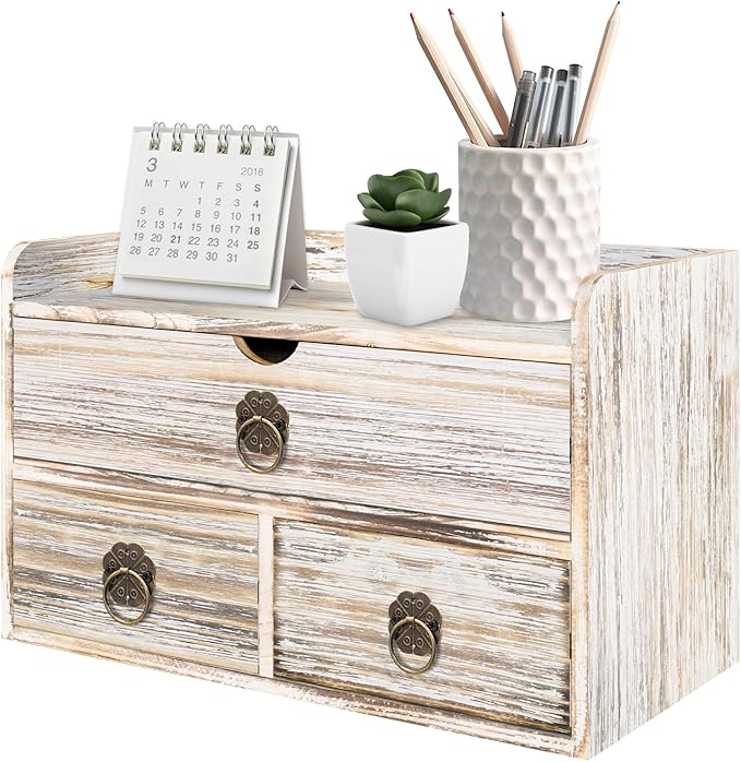 Wood Desk Organizer with Drawer, Vintage Brown Wooden Desktop Organizer, Tabletop Storage Organization Box for Countertop, Home Office Supplies, 13.5x6.6x8.2 Inch(3 Drawer and Shelf) by SEEKELEGANT
