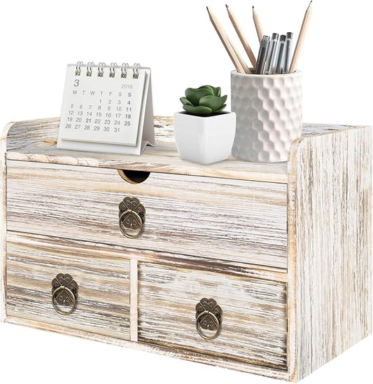 Wood Desk Organizer with Drawer, Vintage Brown Wooden Desktop Organizer, Tabletop Storage Organization Box for Countertop, Home Office Supplies, 13.5x6.6x8.2 Inch(3 Drawer and Shelf) by SEEKELEGANT