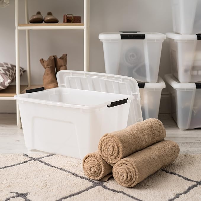 IRIS USA 4-Pack 32 Quart Storage Bins with Lids, Pearl | Conceals contents for a clean look. Great for linens, décor, closet storage, and supplies. Nestable design saves space - Image 5