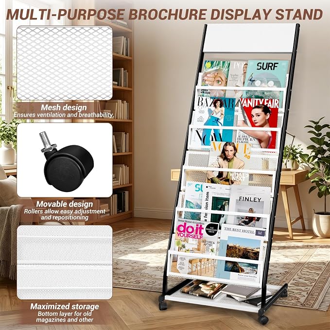 Floor Standing Magazine Rack 5 Layer with Wheels, Brochure Display Stand Large Newspaper Stand for Trade Show Exhibitions Office (Width 18.7 IN) - Image 4
