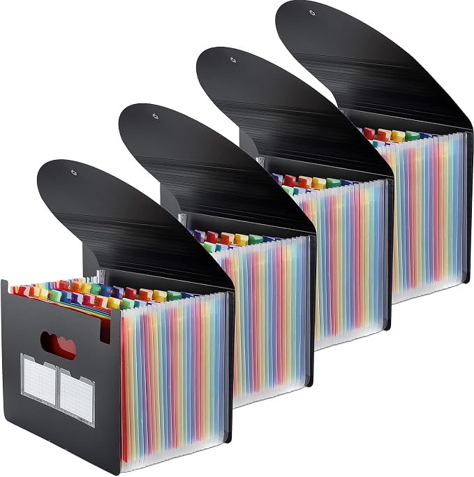 4 Pack Expanding File Folder, 24 Pocket Accordian File Organizer A4 Letter Size Portable Document Organizer with Colored Tabs, Expandable Desktop Accordion Folder -Black by MAIMIS