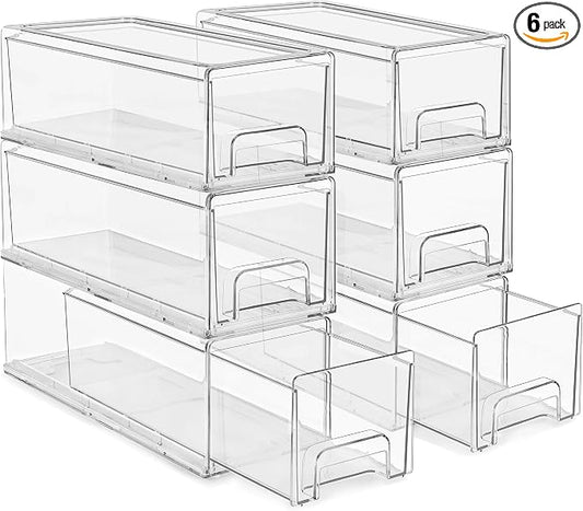 Sorbus Small Wide Clear Stackable Storage Drawers – 6-Pack Plastic Organizer Bins with Handles – Stackable Pull-Out Storage Drawers for Closet, Pantry, Office, Bathroom, Craft, and Toy Organization by Sorbus