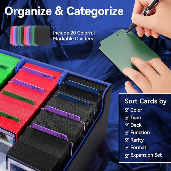 5 Row Trading Card Storage Box, 3800+Bulk Card Organizer Box with 20 Dividers & 5 Supporters, Graded Card Deck Box for YuGiOh, MTG, TCG with Double Lid Black/Blue - Image 3