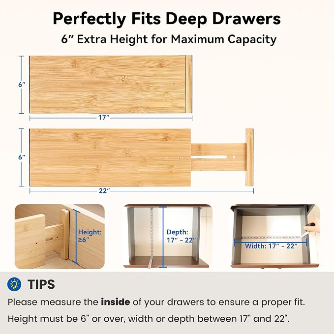 4 Pack Deep Drawer Dividers, 6" High Bamboo Expandable Drawer Organizers, 17-22" Adjustable Tension Separators, Large Drawer Dividers for Kitchen, Bedroom Dresser, Baby Nursery & Bathroom - Image 2