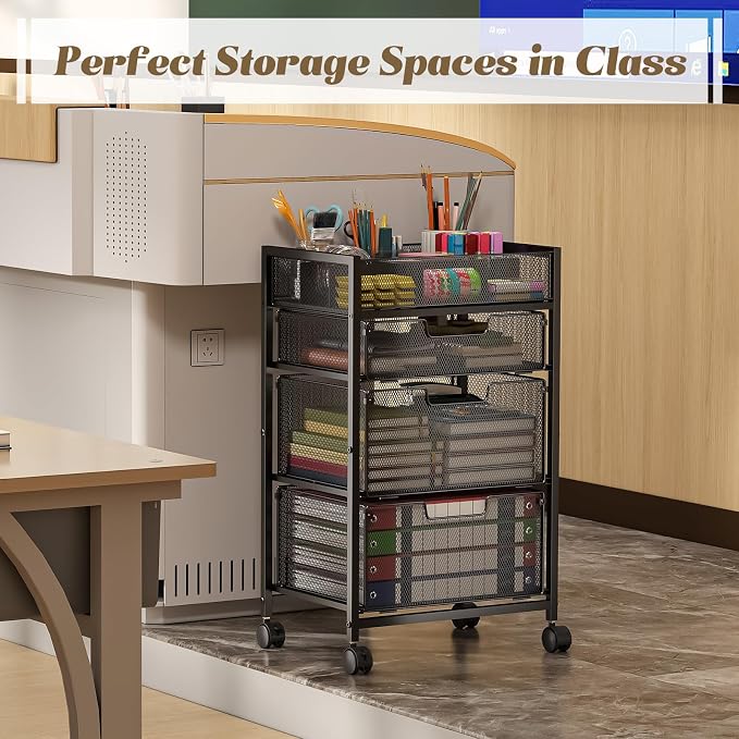 4-Tier Rolling Utility Cart with 3 Drawers, Craft Organizer and Storage with DIY Divider, Art-Craft Supplies with Caster Wheels, Multi-Functional Storage For Classroom, Office, Paints, Artifacts - Image 7