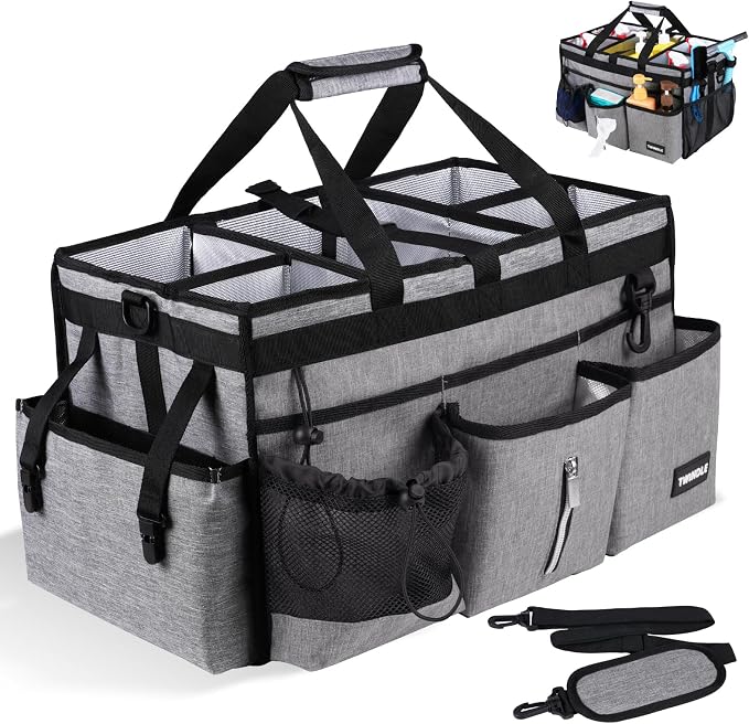 Extra Large Cleaning Caddy Bag with Rigid Support Board, Cleaning Organizer Tote with Detachable Divider, Adjustable Shoulder Strap & Waist Belt, Cleaning Supply Carrier for Cleaners & Housekeepers by TWINDLE