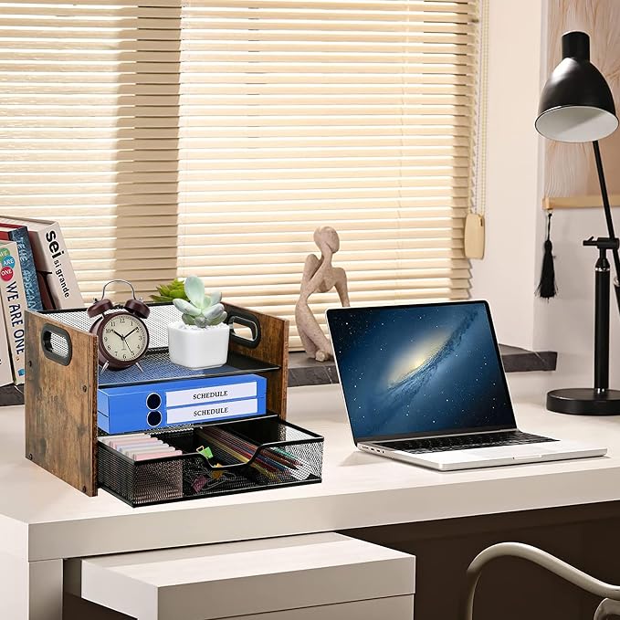Wood Desk Organizer - 3-Tier Desktop File Organizer with Drawer, Wooden Paper Tray, Office Desk Organzier and Accessories for Papers, Mail, Notebooks, Stationery - Image 2