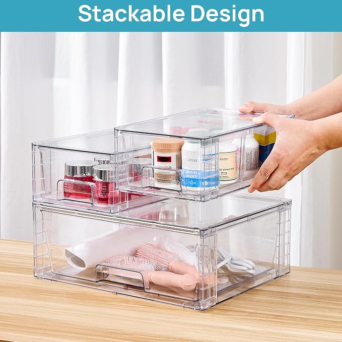 Vtopmart Clear Stackable Storage Drawers, 3 Pack Wide Organizer Set | Wide and Small Pull-Out PET Drawers with Stackable Design for Bathroom Organization, Cabinets, Closets, Pantry and Medicine - Image 4