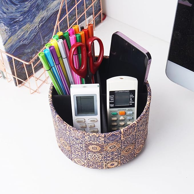 Round Leather Art Supply Organizer,Remote Control Holder,360 Degree Spinning,Multi-Functional Pencil Holder,4 Compartments Desktop Stationary Organizer(1-Wood Leather Blue)