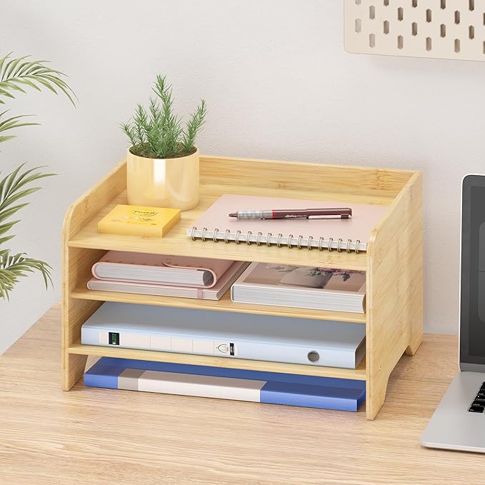Bamboo File Organizer for Desk, Desktop Paper Tray and Mail Holder | Three open tiers keep A4/letter paper, folders, bills and mail sorted, visible and easy to reach while saving desk space by Unknown