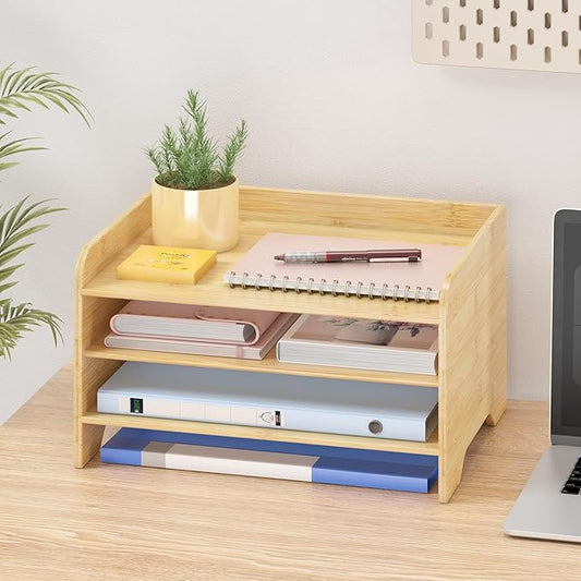 Bamboo File Organizer for Desk, Desktop Paper Tray and Mail Holder | Three open tiers keep A4/letter paper, folders, bills and mail sorted, visible and easy to reach while saving desk space by Unknown