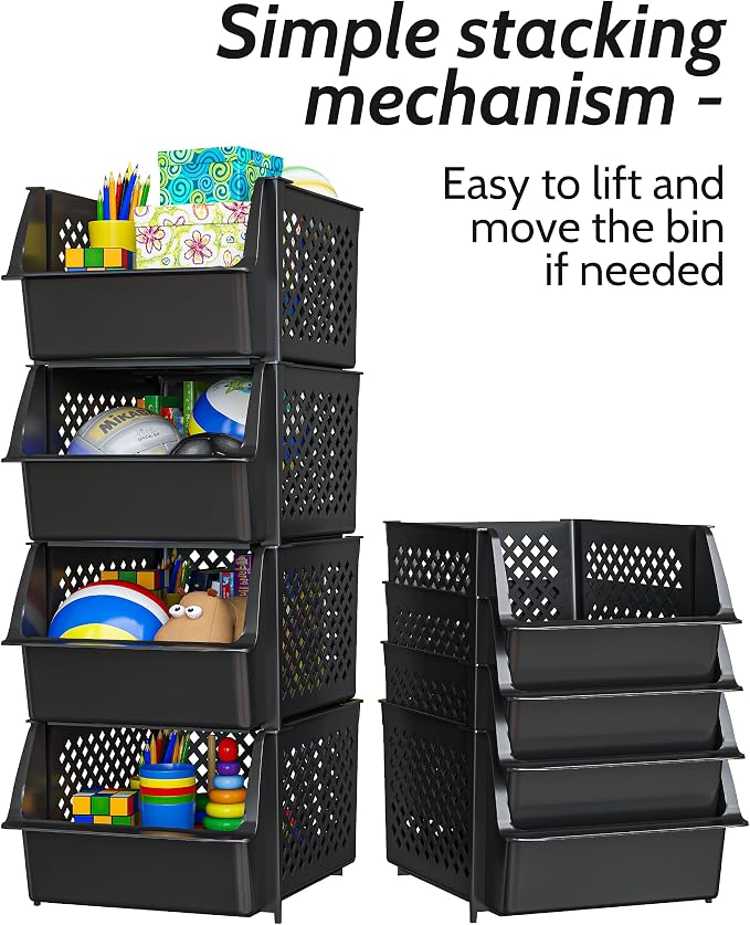 Skywin Stackable Storage Bins Open Front for Pantry Storage, 8 Pack - Black | Sturdy Plastic, Easy Stacking, Open Front Access, Ventilated Sides, Vertical & Space Saving Pantry Organizers and Storage Bin - Image 6