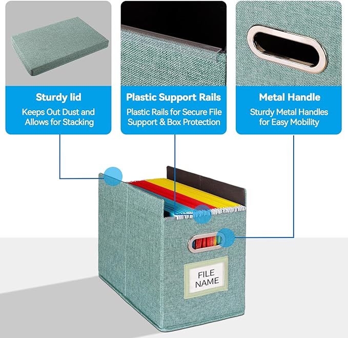 4 Pack Hanging File Folders Organizer with Lid, Letter Size Fabric File Storage Box Collapsible, Portable Office Document Holder with Metal Handle, Smooth PVC Rails, Green - Image 5