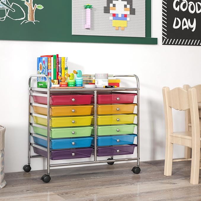 GOFLAME 12-Drawer Rolling Storage Cart, Multifunctional Art Craft Organizer Cart, Mobile Utility Storage Cart with Removable Drawers & Lockable Wheels, Craft Cart for Home Office School, Rainbow - Image 2
