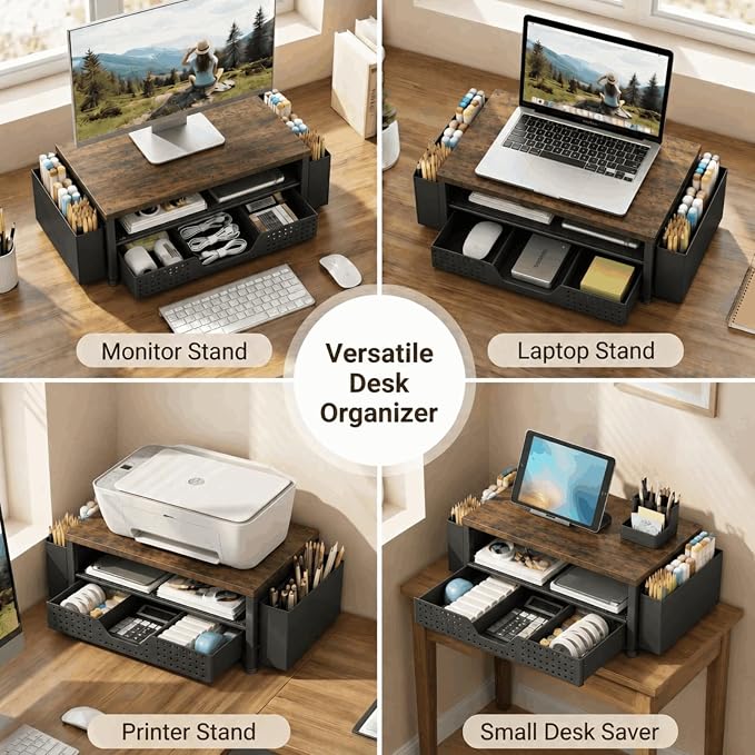 ECOLOVI Desk Organizer and Accessories, 2-Tier Computer Monitor Stand Rise with Storage Drawer & 2 Pen Holders, Laptop & Printer Stand for Desktop, Workspace Organizers for Office Supplies (Brown) - Image 9
