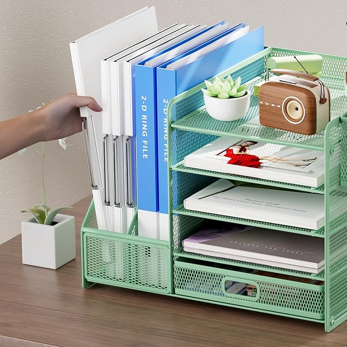 Marbrasse Desk Organizer with File Holder, 5-Tier Paper Letter Tray Organizer with Drawer and 2 Pen Holder, Mesh Desktop Organizer and Storage with Magazine Holder for Office Supplies (Green) - Image 5