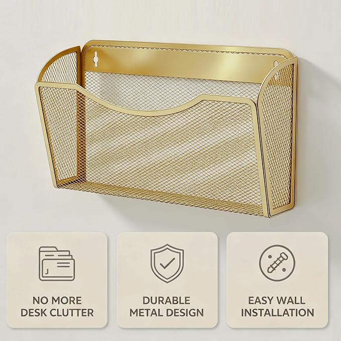 Gawerk Mesh Hanging Wall File Holders, Metal Vertical Wall Basket Mail Organizer for Office/Home (Gold, 6 Pack Wall Mounted) - Image 3