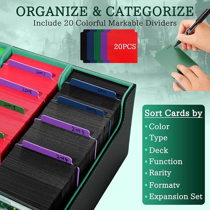 5 Row Trading Card Storage Box, 3800+Bulk Card Organizer Box with 20 Dividers & 5 Supporters, Graded Card Deck Box for YuGiOh, MTG, TCG Black/Green - Image 3