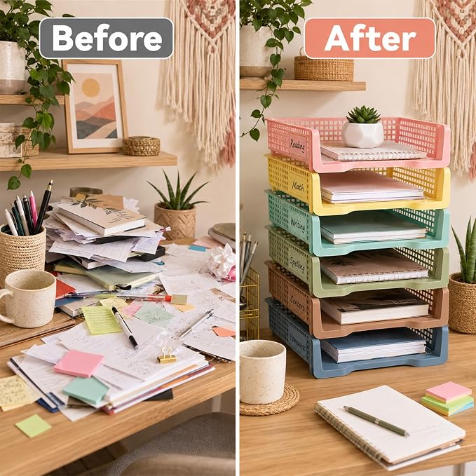 Set of 6 Boho Turn in Trays with Label Stickers for Teachers Stackable Classroom Paper Letter Trays Plastic Classroom Desk Letter Organizer Tray Storage Baskets for Library, Drawers, Office, Home - Image 5