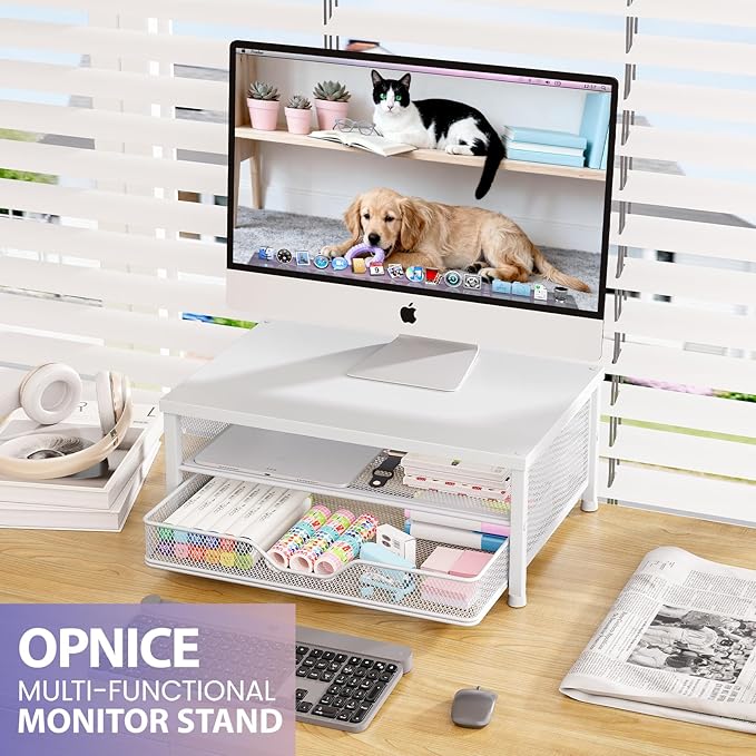 Computer Monitor Stand Riser, Desk Organizer with Drawer, Printer & Laptop Stand, Office Desk Accessories & Workspace Desktop Organizers Storage for Office Supplies(White) - Image 3