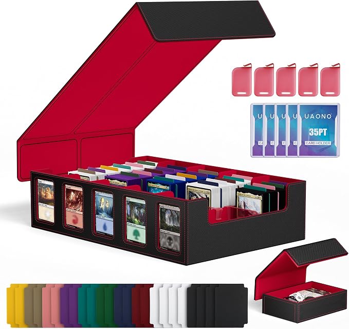 UAONO 5-Row Trading Card Storage Box with Commander Display, Black Red | 3900+ Card Box with Removable Cover, Card Case Fits MTG TCG Sports Cards, 48 Dividers, 5 Stoppers, 5 Top Loaders, Dice Box by UAONO