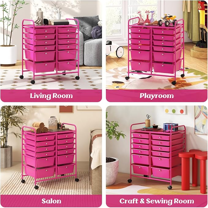 GOFLAME 12-Drawer Rolling Storage Cart, Multipurpose Organizer Cart with 2 Sizes Plastic Drawers, Mobile Utility Cart with Lockable Casters for School, Home Office, Beauty Salon, Hot Pink - Image 7
