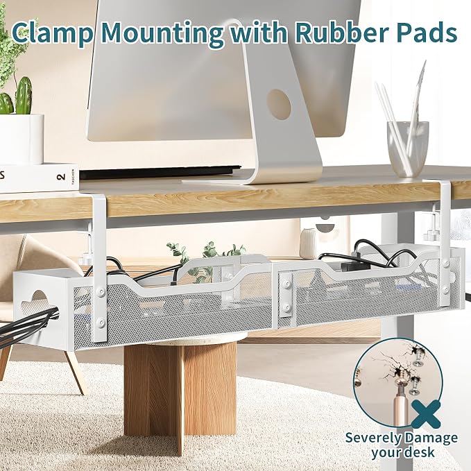 Under Desk Cable Management Tray White, Litwaro Cable Management Under Desk No Drill, 25'' Cable Tray with Clamp for Wire Management, Cord Organizer for Office, Home - No Damage to Table - Image 6