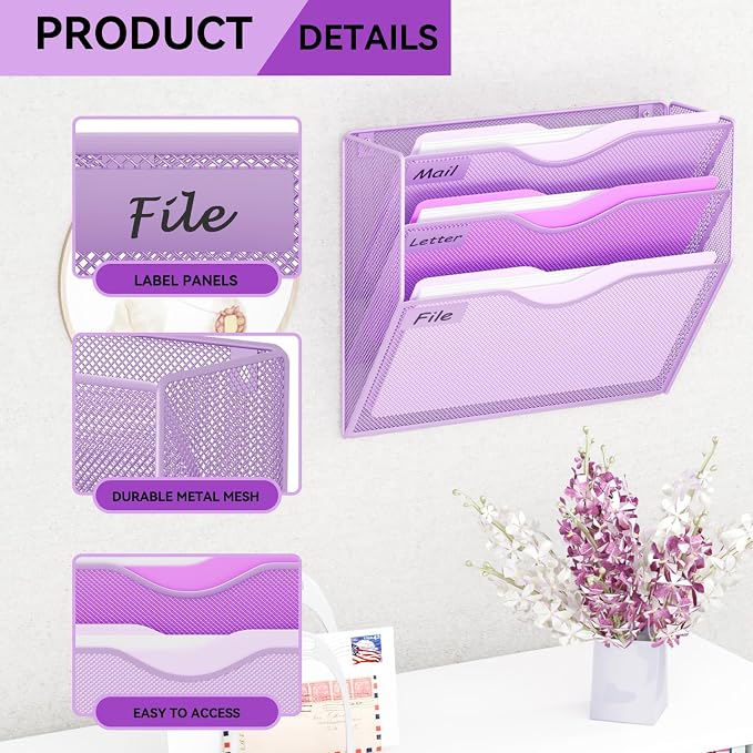 3 Pockets Hanging Wall File Organizer Mail Holder, Wall Mounted Paper Document Folder Holder, Clipboard Storage Organization Magazine Rack, Light Purple - Image 4