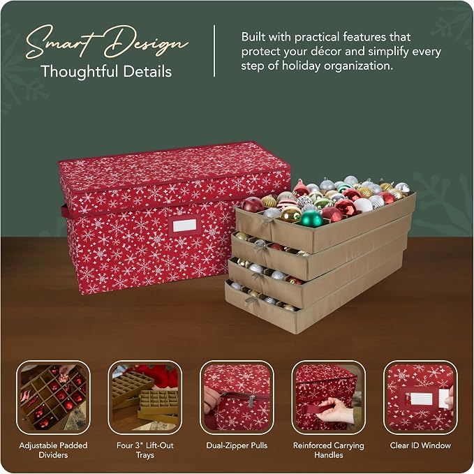 Covermates Keepsakes Adjustable Ornament Storage Box – Heavy-Duty Polyester, Padded Dividers & FlexGrid Trays – Protective Holiday Organizer with Stackable Walls & Label Window, Red Snowflake - Image 4