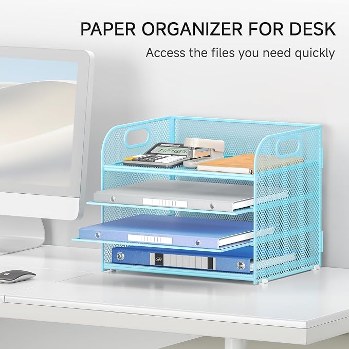Lavatino 4-Tier Paper Organizer Trays - Blue Mesh File Folder Sorter with Handles, Desk Letter Holder Organizer for Office, Home, School Supplies Storage & Organization - Image 6