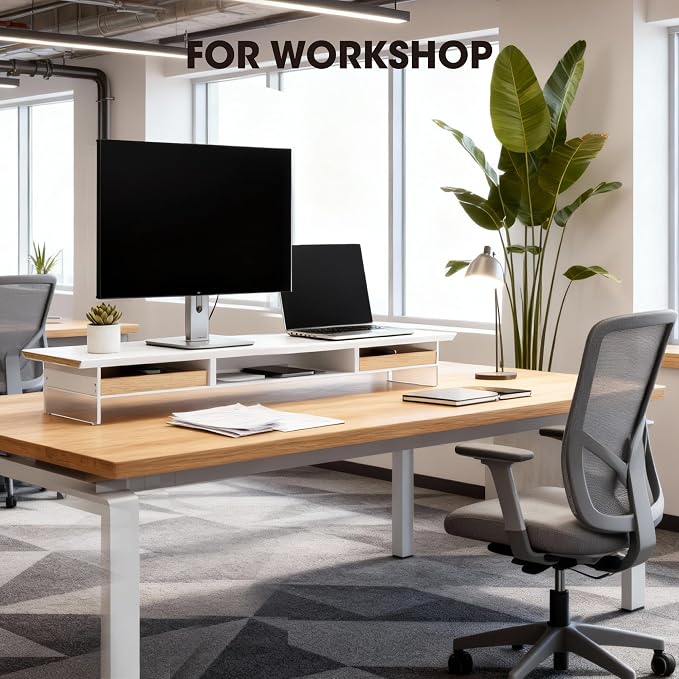 Fenge Dual Monitor Stand with Drawer, 42.5 Inch Large Monitor Riser with Acrylic Legs Supports, Computer Stand for Desk, 2 Tier Wood Desk Shelf with Storage Organizer for PC, Laptop, Printer, TV - Image 8
