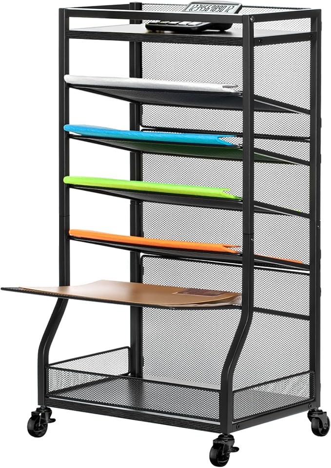 ThreeHio 7 Tier Rolling File Cart with Sliding Trays, Wood Metal File Organizer Beside Desk, Free-Standing File Holder, Paper Letter Tray Organizer Mesh Desk Organizer for Home Office School (Patent) by ThreeHio