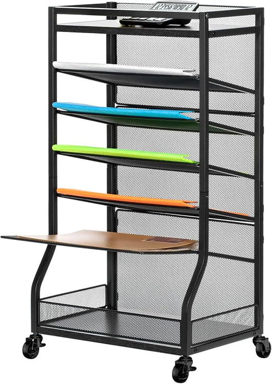 ThreeHio 7 Tier Rolling File Cart with Sliding Trays, Wood Metal File Organizer Beside Desk, Free-Standing File Holder, Paper Letter Tray Organizer Mesh Desk Organizer for Home Office School (Patent) by ThreeHio