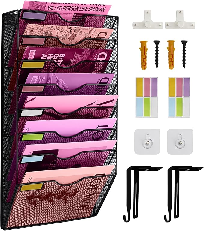 8 Pockets Mesh Wall File Holder Organizer Office Hanging File Folder Magazine Rack, Nametag Label Hooks Set Included (Black) by ideallife